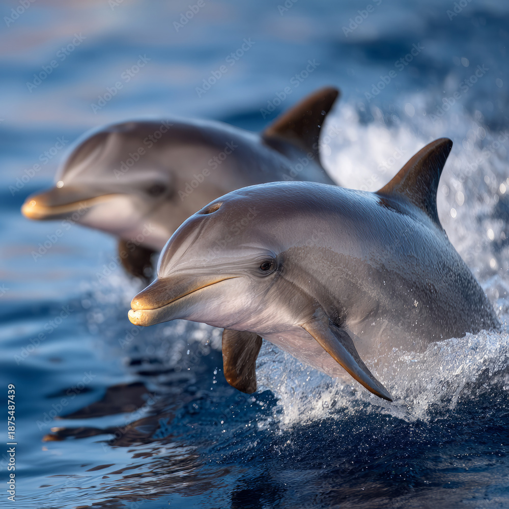Fototapeta premium Dolphins swimming in the ocean with a serene background.
