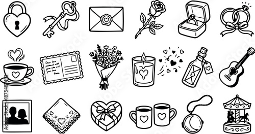 Whimsical doodle valentines day icon set close up hand drawn love symbols arranged in horizontal lineup on white background flat simple