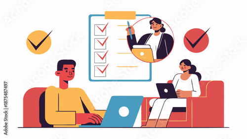 Diverse colleagues working together on laptops collaborating on task list teamwork and productivity concept flat illustration