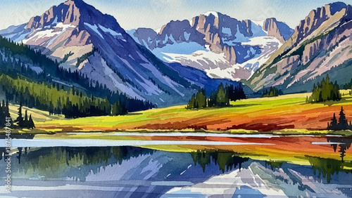 Stunning watercolor painting of a serene mountain lake reflecting majestic peaks in vibrant autumn colors