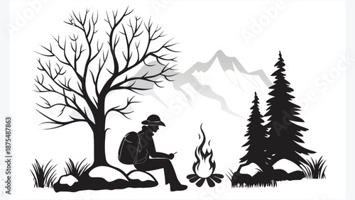 Silhouette of a lone camper sitting by a campfire, wearing a hat and backpack, surrounded by a leafless tree, evergreen tree, rocks, and grass.