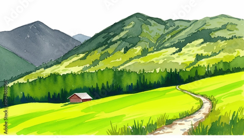Scenic watercolor landscape illustration of a winding path through a vibrant green meadow leading towards a small red barn nestled among rolling hills and distant mountains