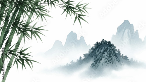 Serene watercolor landscape painting with bamboo and misty mountains, a tranquil scene of nature's beauty