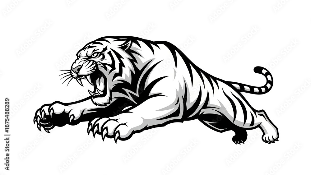 Obraz premium Fierce tiger in aggressive stance with open mouth and sharp claws