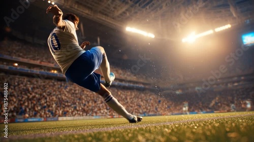 An action shot of a soccer player kicking the ball in a packed stadium