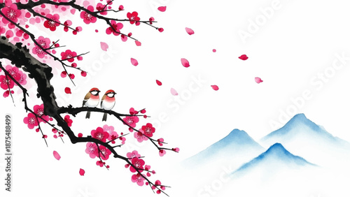 Beautiful watercolor art of plum blossoms and two birds perched on a branch with mountains in the background