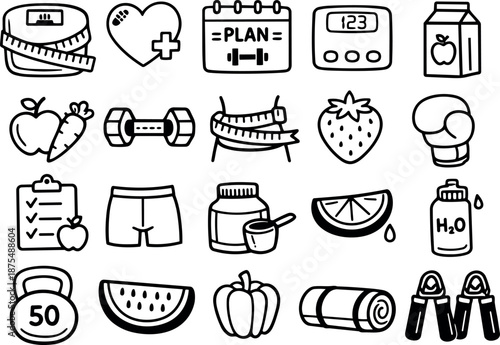 Line art hand drawn fitness and nutrition icon set showing scale, dumbbell, water bottle, shorts, mat, boxing glove, simple layout