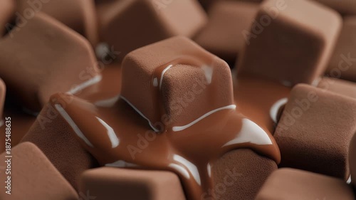 Delicious chocolate cubes melting in a rich cascade.