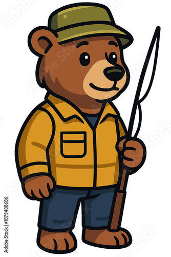 Cartoon bear in yellow jacket holding a fishing spear while smiling in a colorful adventure setting