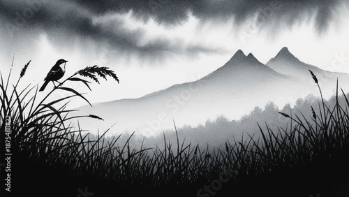A serene watercolor landscape painting of a solitary bird perched on a blade of grass with misty mountains in the background