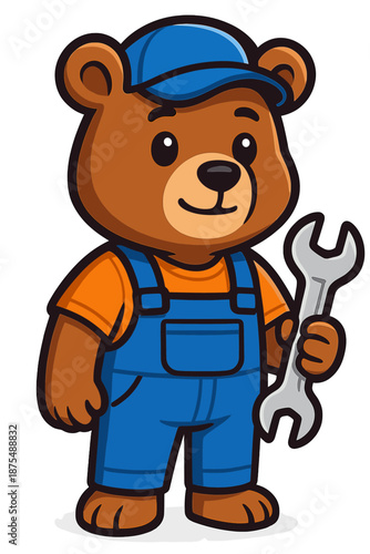 Cute bear mechanic holding a wrench, ready for some handy work on a sunny day