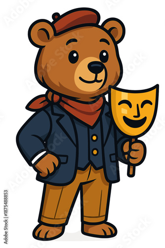 Cute cartoon bear in smart outfit holding a theatrical mask at a playful event in a vibrant setting