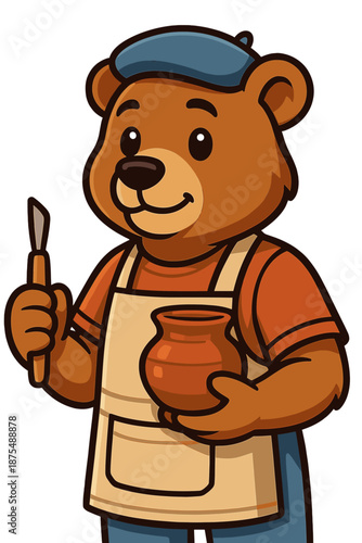 Friendly bear crafts pottery with clay in workshop during bright daytime