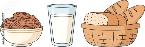 illustration of a bowl of dried dates a glass of milk and a basket of fresh bread for a healthy