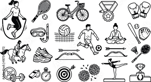 Line art sports icon set close up assortment of athletic equipment and figures in action for fitness training and competition vector