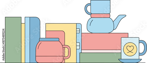 Colorful Illustration of Various Teapots and Books Arranged on a Shelf with Decorative Mug