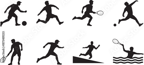 Black Silhouettes of Men Playing Tennis, Soccer, and Swimming