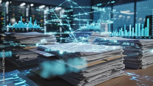 Stacks Of Documents On Desk With Holographic Analytics And Charts Projected Above, Server Racks In Background, Data Digitization And Visualization Of Business Metrics, Archive To Digital