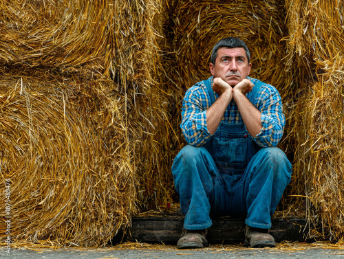 Middle-aged farmer in overalls sits thoughtfully beside hay bales, contemplating his work