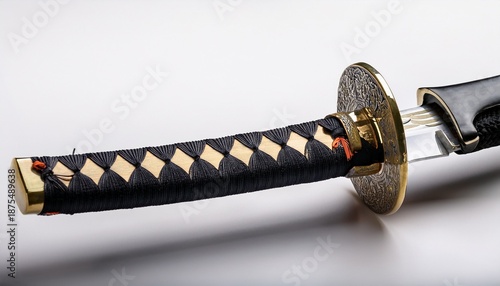sharpened japanese katana with detailed hilt and scabbard on white background
