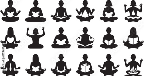 Black Silhouettes of People Meditating in Various Poses on White Background