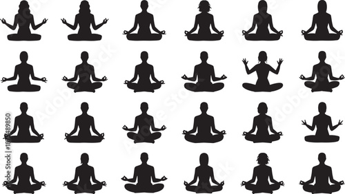Yoga Silhouettes Meditating in Various Poses on White Background