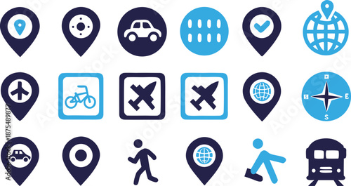 Collection of travel and navigation-themed icons in dark and light blue tones, featuring location pins, maps, transportation modes (car, airplane, train, bicycle).
