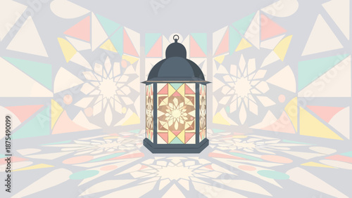 Intricate Moroccan stained glass lantern casting colorful patterned shadows