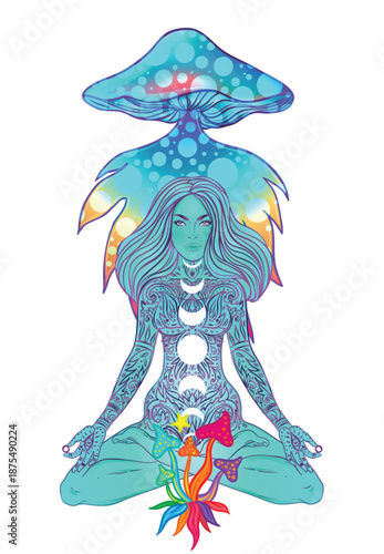 Vector illustration of a woman with mushrooms in a New Age psychedelic style. Concept of psilocybin, consciousness expansion, yoga, spirituality, and hippie culture with symbolic, colorful details.