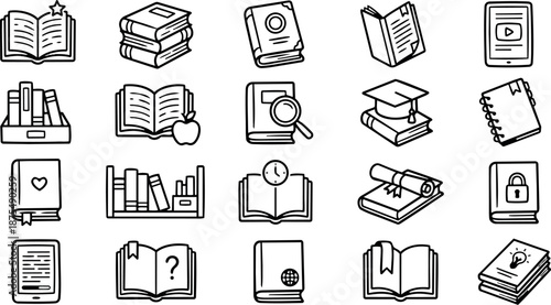 Hand drawn line art book icon set showing open books, stacks, diploma, bookshelf, tablet and study symbols in neat layout