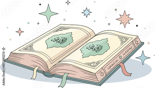 Illustration of an open Quran surrounded by colorful stars and celestial motifs representing