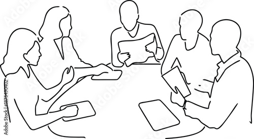 Continuous line art of five professionals in a collaborative meeting around a table.