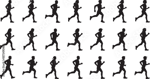 Black Silhouette Runners Running in Various Poses on White Background