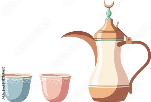 Elegant Middle Eastern coffee pot with two colorful cups on a white background