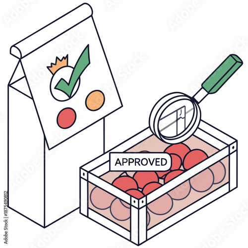 Food Quality Inspection Icon with Magnifier and Certification Label
