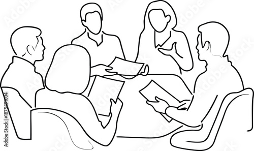 Continuous line art of five professionals in a collaborative meeting around a table.