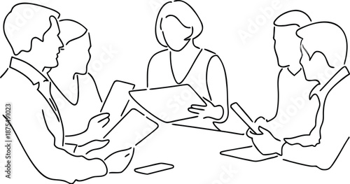 Continuous line art of five professionals in a collaborative meeting around a table.