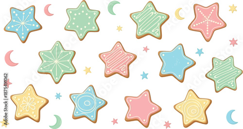 Festive Christmas Cookies Shaped as Stars in Pastel Colors with Holiday Decorations