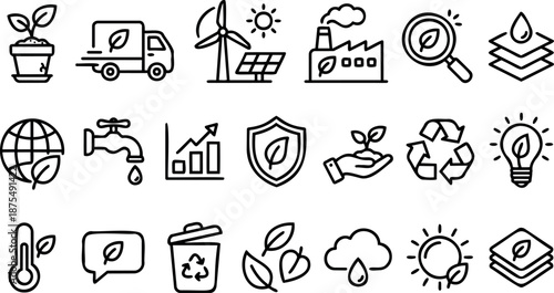 Minimal line art eco icon set showing plant, delivery truck, wind turbine, solar panels, factory, recycling icons in horizontal flat