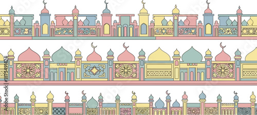 Intricate pastel-colored Islamic architectural pattern featuring domes and minarets in a seamless
