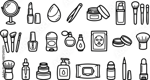 Hand drawn line art top view assorted makeup icons including mirror lipstick brushes jars and applicators arranged on clean white background