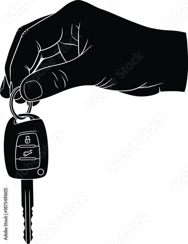 Silhouette of hand holding car key with key fob, lock and unlock buttons, black and white graphic, transparent background, automotive access illustration
