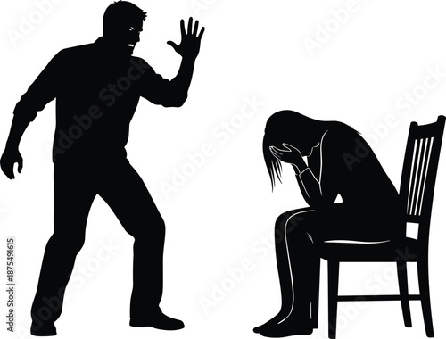 Silhouette of aggressive figure confronting distressed seated person, emotional tension scene, black and white graphic, transparent background, conflict and vulnerability illustration