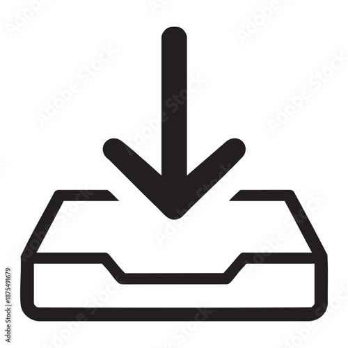 Black icon of downloading file to inbox with arrow pointing down on white background