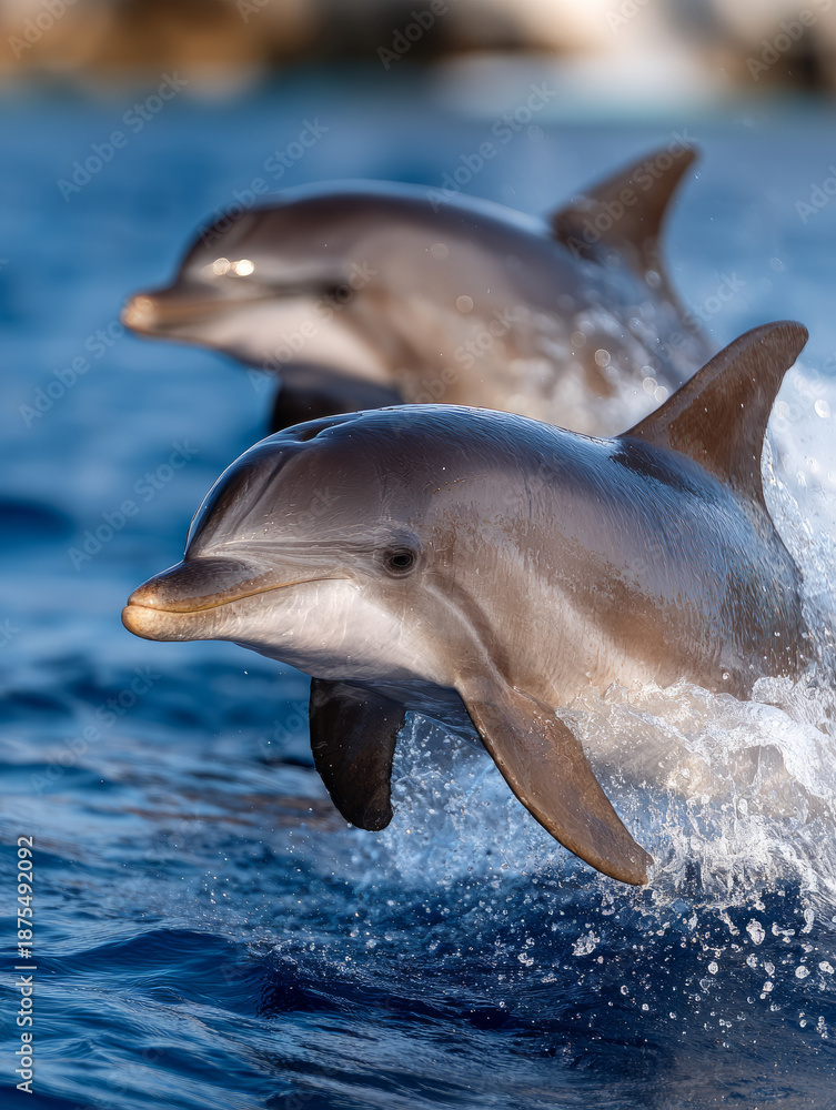 Fototapeta premium Two dolphins jumping out of the ocean water.