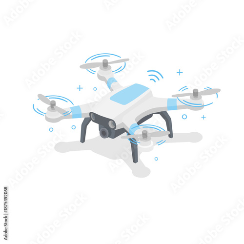 Cartoon quadcopter. Remote drone with a camera taking photography or video recording. Vector illustration. Flat design style