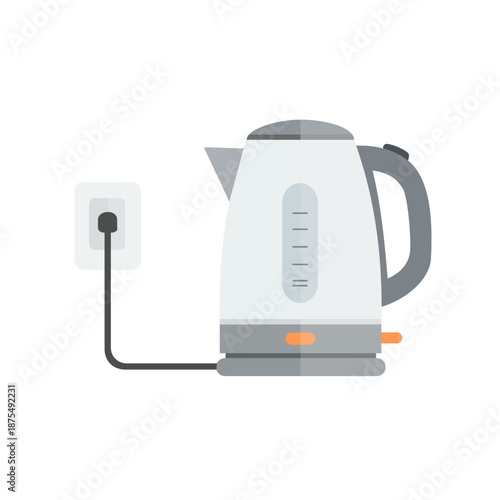 Electric kettle. Teapot flat icon. Design of appliance for tea and coffee. Electrical equipment with hot water for drink. Plastic domestic device with handle. Sign for kitchen and household. Vector.