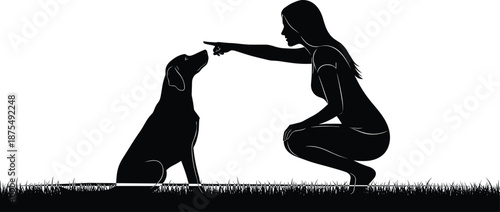 Silhouette of person crouching and pointing at sitting dog, grassy surface, black and white graphic, transparent background, training and interaction illustration