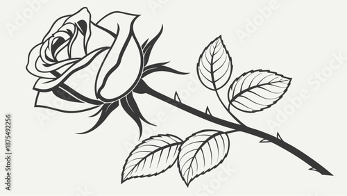 Elegant black line art of a single rose with thorns and leaves