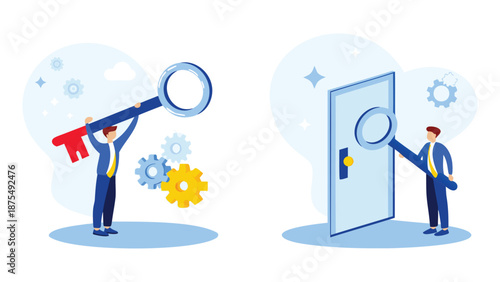 Businesspeople examining opportunities and solutions with magnifying glasses in a modern flat illustration style